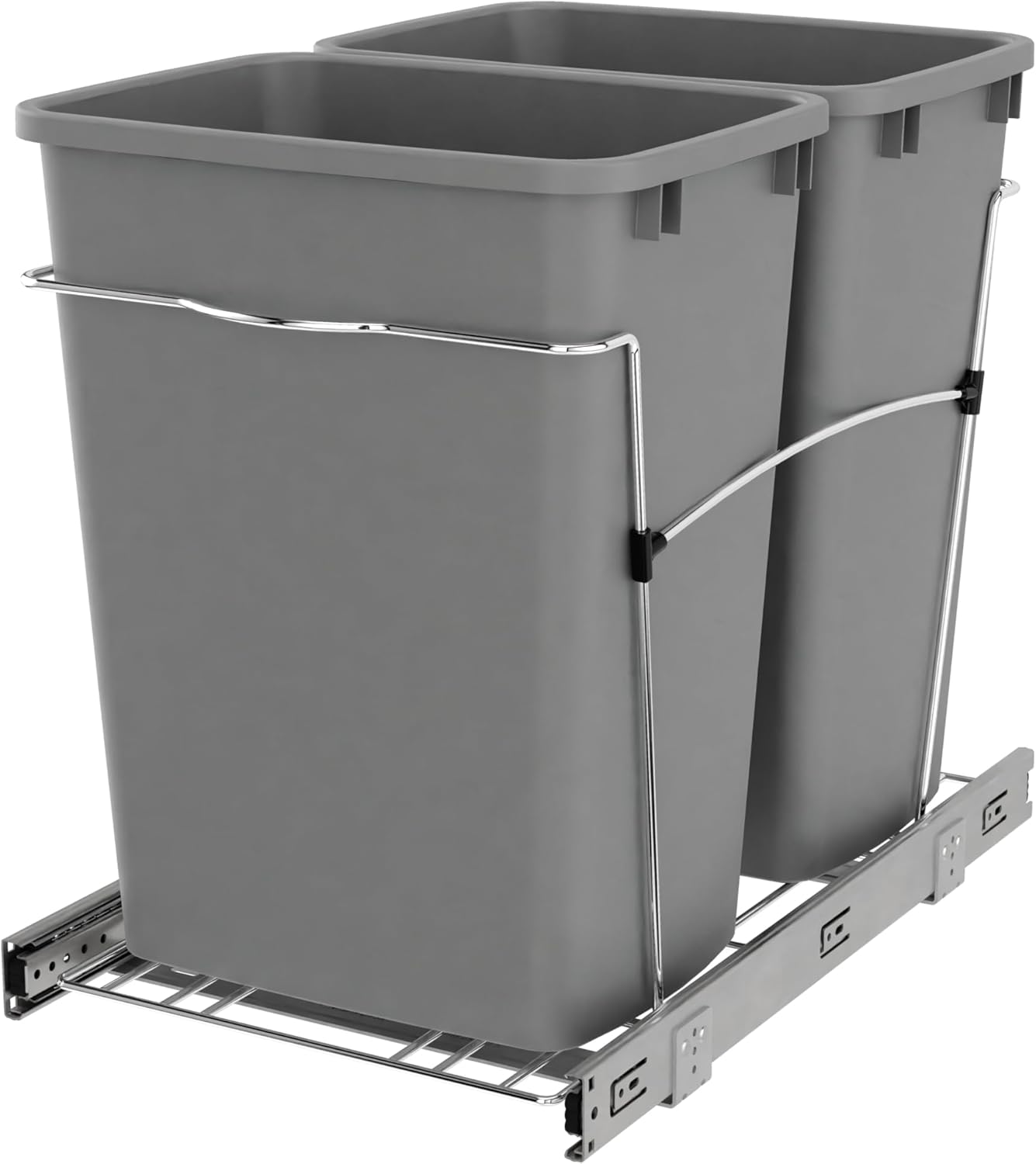 Rev-A-Shelf Double Pullout Trash Can for Kitchen Cabinets 35 Qt Garbage Recycling Bin on Full-Extension Slides, Silver, RV-18KD-17C S