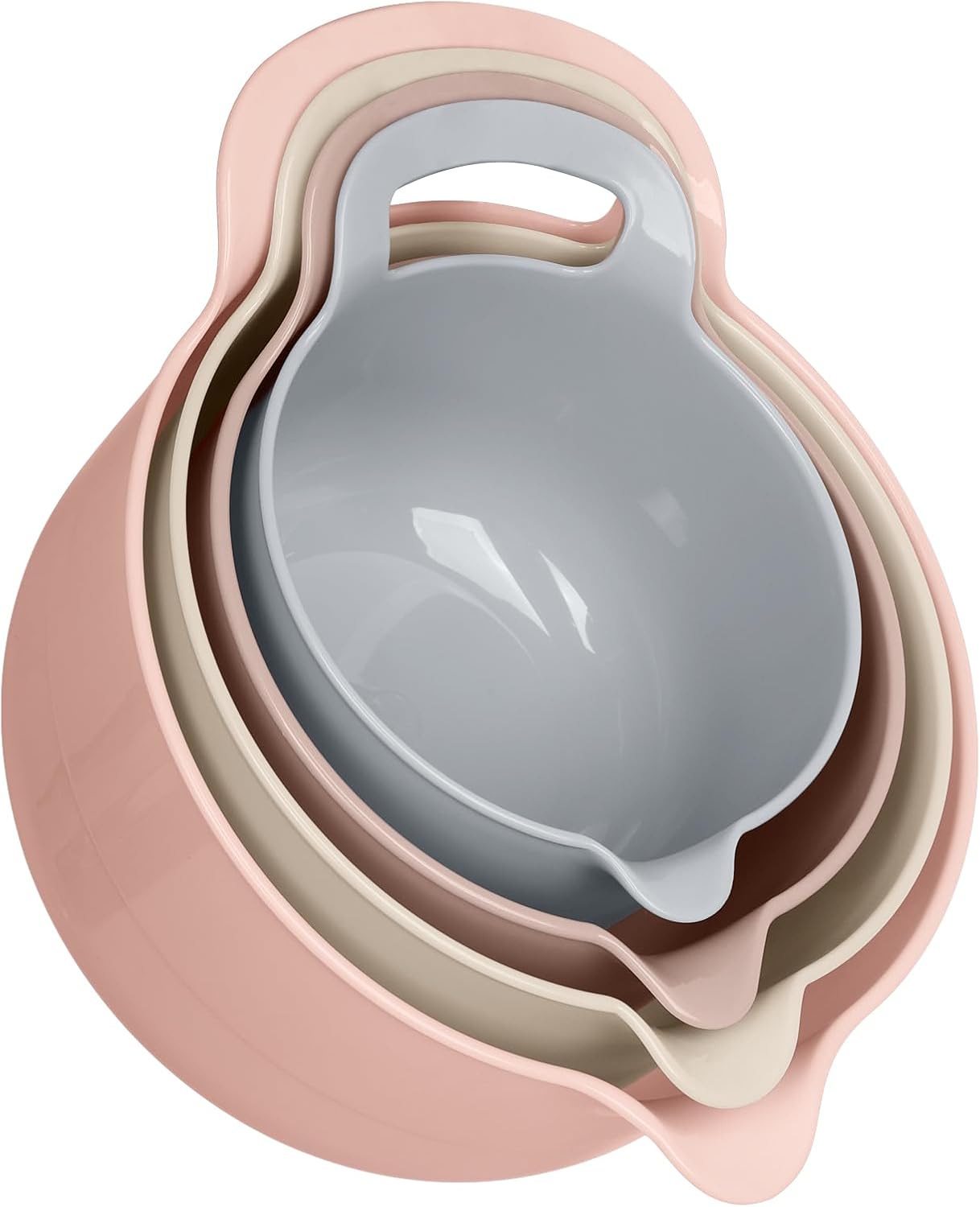 BoxedHome Nesting Plastic Mixing Bowl Set with Pour Spouts and Handles - Non Slip Bottom, BPA free Microwave & Dishwasher Safe(Khaki Pink, 4 Pack)