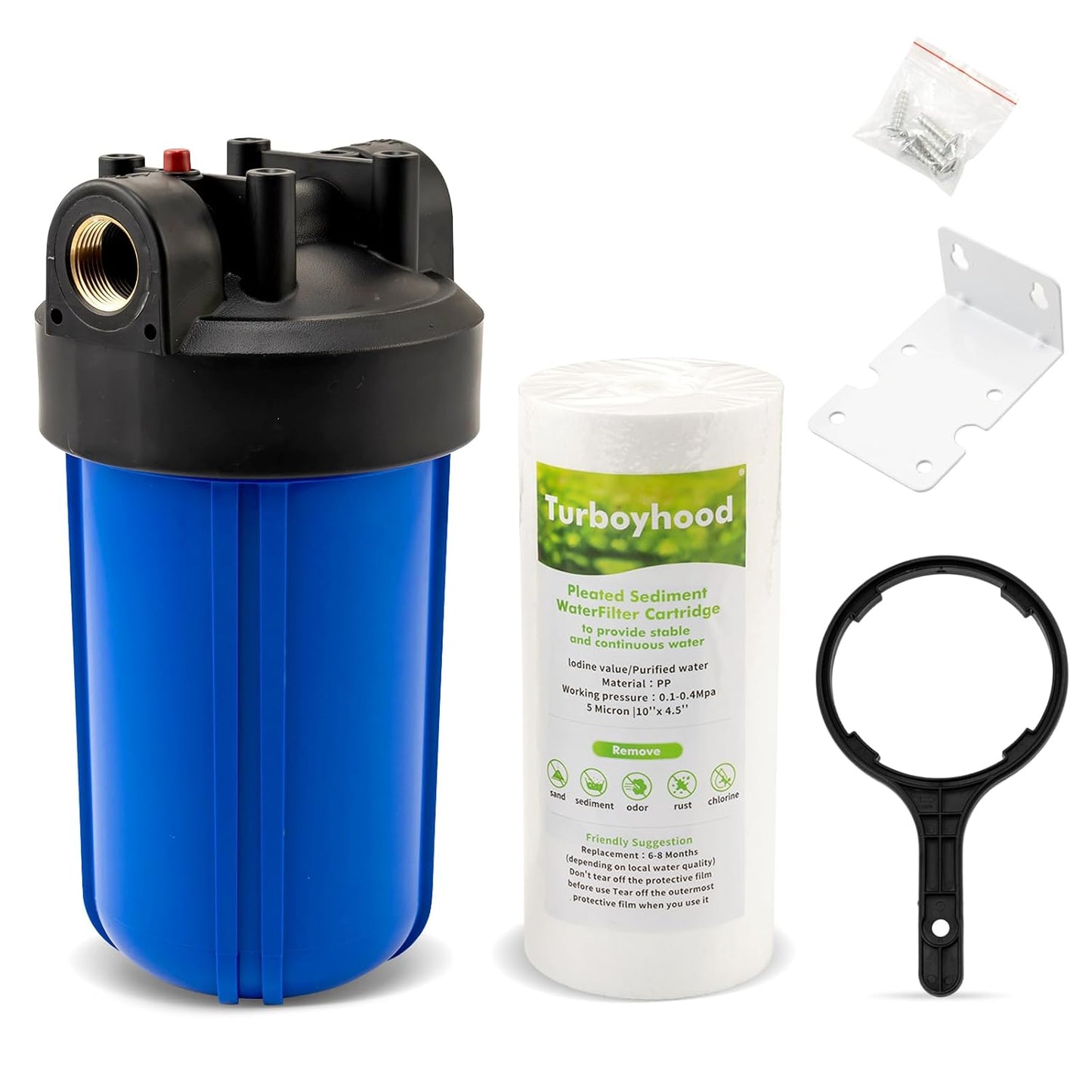 Whole House Water Filter Housing with PP Cotton Cartridge, Fits 10"x4.5" Sediment or Carbon Filters, Heavy-Duty Pre-Filtration System for Well or City Water, 1" NPT Port