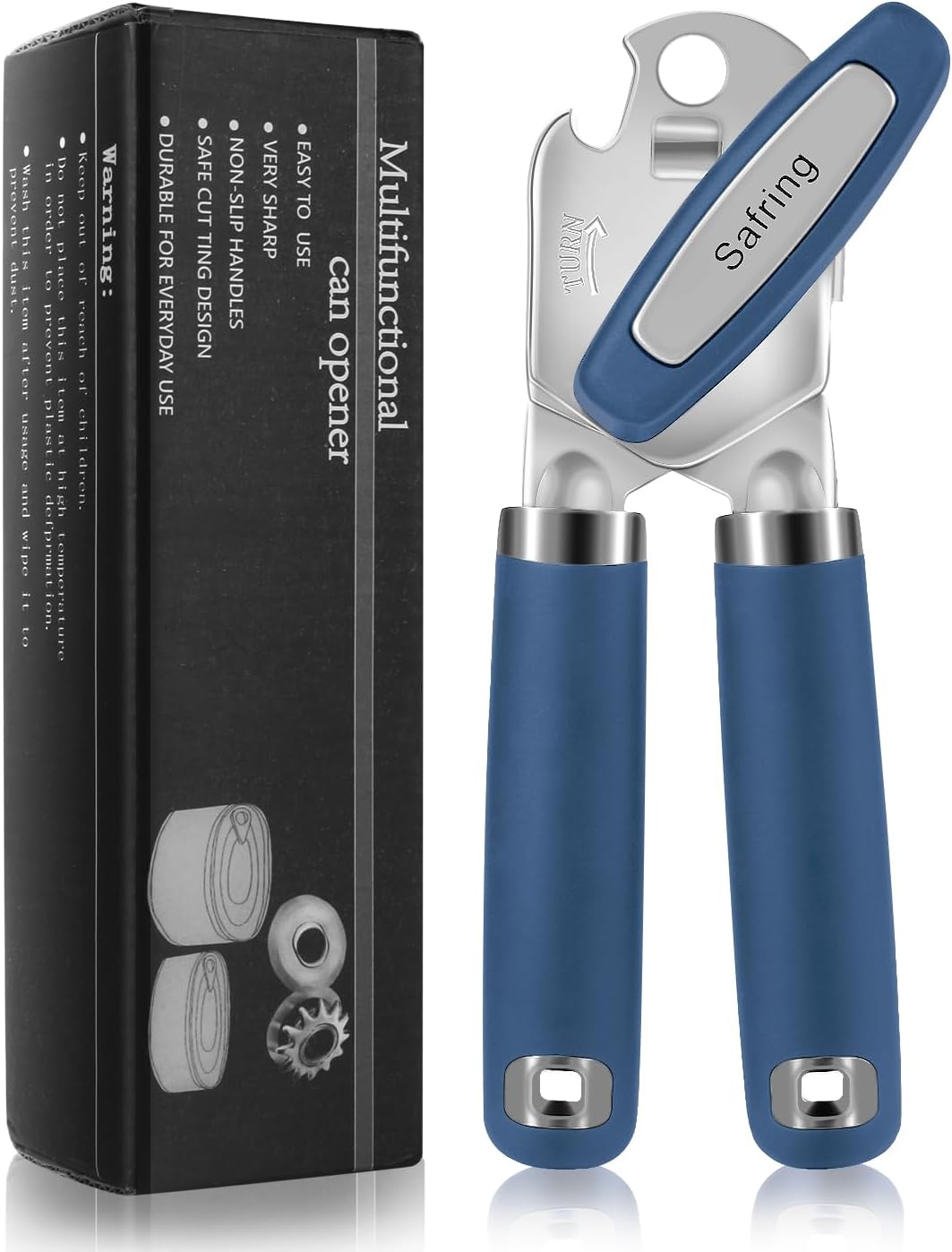 Can Opener Manual, Heavy Duty Handheld Strong Can Opener with Soft Touch Handle, Sharp Blade Smooth Edge, Can Openers with Multifunctional Bottle Opener, Blue