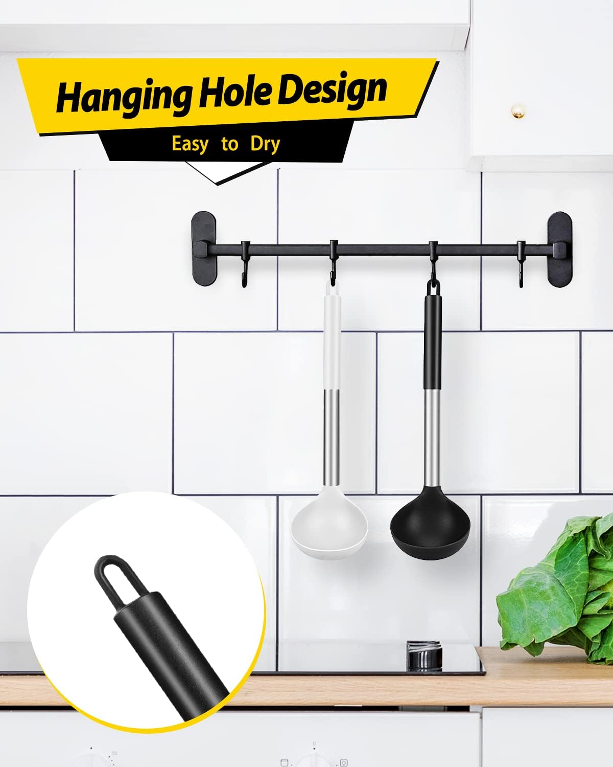 Pack of 2 Ladle Spoon,Silicone Large Spoon for Soup,Non Stick Kitchen Utensils with High Heat Resistant,BPA Free Perfect Kitchen Tools for Cooking, Stirring,Serving Soups (BLACK-WHITE)