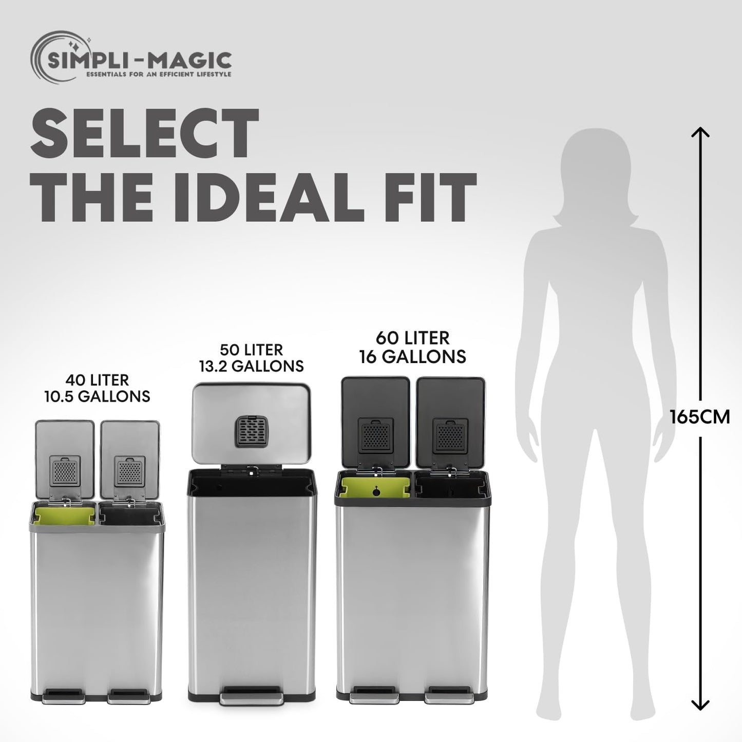 SIMPLI-MAGIC 50 Liter / 13.2 Gallon Soft-Close, Smudge Resistant Trash Can with Foot Pedal and Built in Filter- Stainless Steel, Sleek Finish