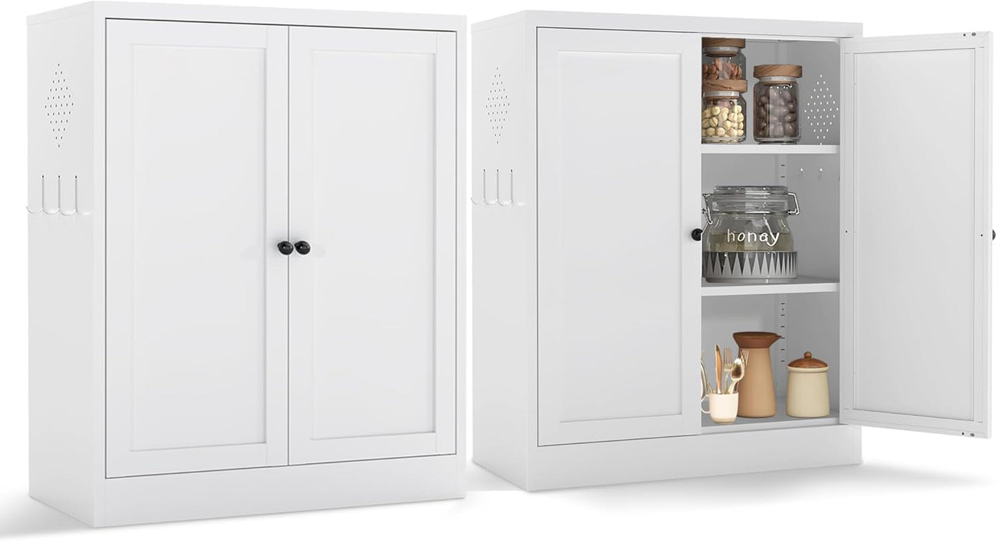 AQY Kitchen Pantry Cabinet,34.6" White Pantry Storage Cabinet with 2 Tier Adjustable Shelves and 2 Doors,Freestanding Cupboard,Metal Pantry Cabinets for Living Room Kitchen Assembly Required