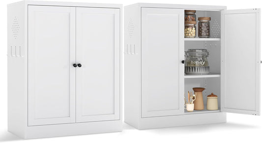 AQY Kitchen Pantry Cabinet,34.6" White Pantry Storage Cabinet with 2 Tier Adjustable Shelves and 2 Doors,Freestanding Cupboard,Metal Pantry Cabinets for Living Room Kitchen Assembly Required