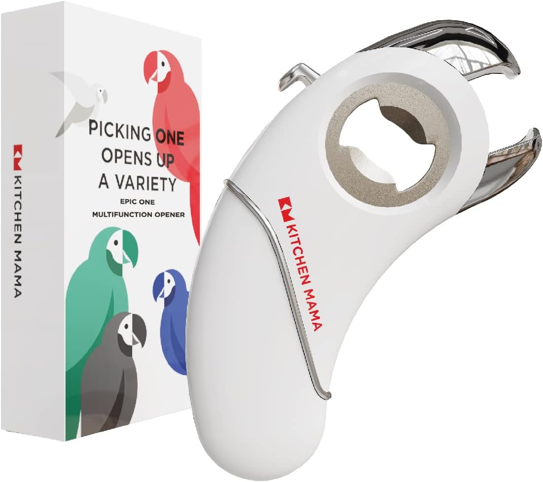 Kitchen Mama Epic One Multifunction Opener: A Pick Ergonomic Opener- Magnetic Bottle Opener, Beer & Soda Can Opener, Pull Tab & Jar Opener for Weak Hands and Arthritis (White)