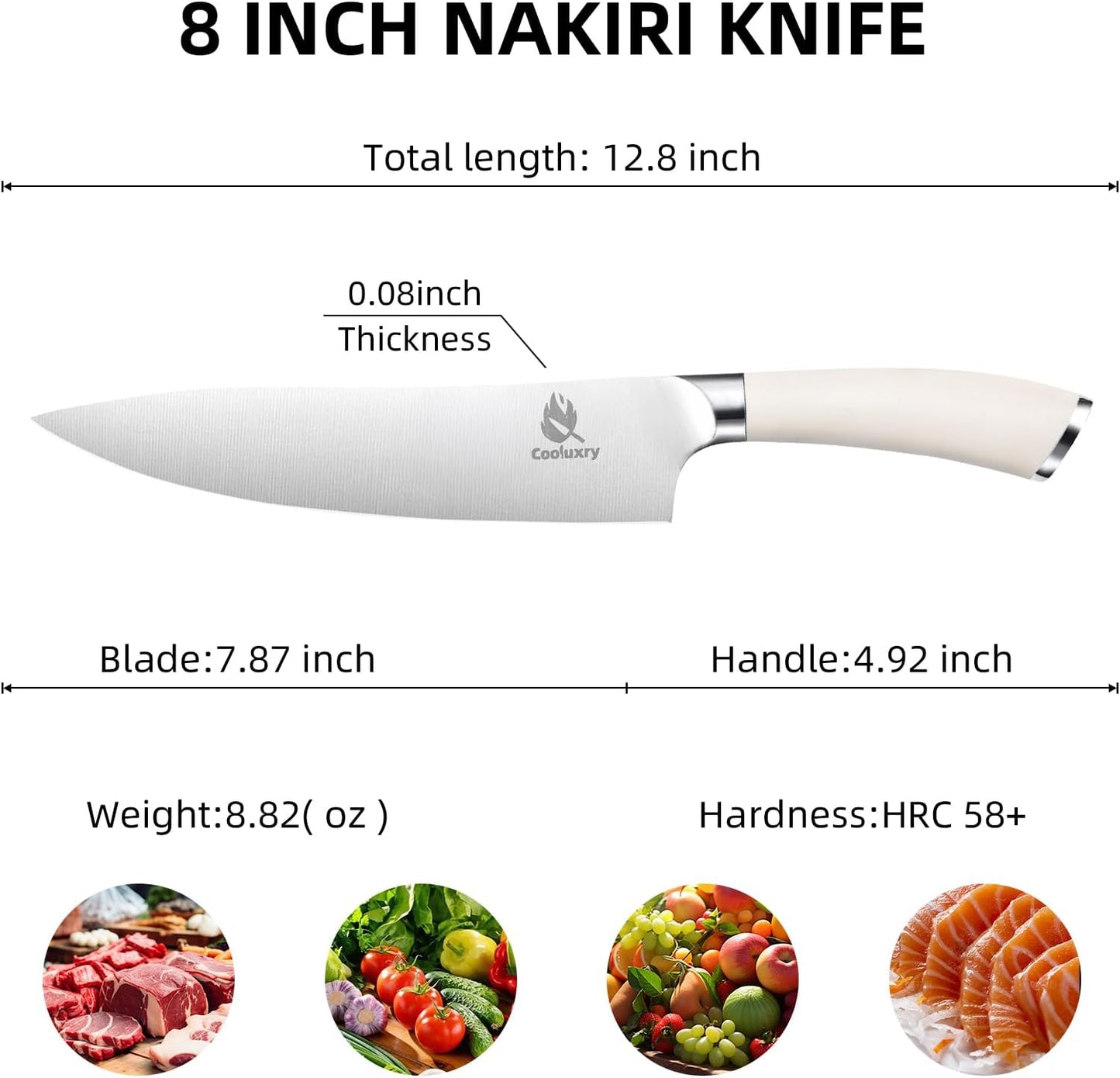 Professional White Chef Knife - 8 Inch High Carbon Stainless Steel Kitchen Knife with Ergonomic White Handle for Precise Cutting