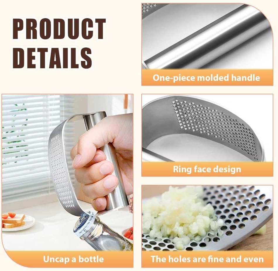 Stainless Steel Garlic Press, 2026 Upgrade Garlic Press Rocker Heavy Duty Stainless Steel Garlic Mincer, Heavy Garlic Chopper with Peeler And Cleaning Brush (No Corkscrew)
