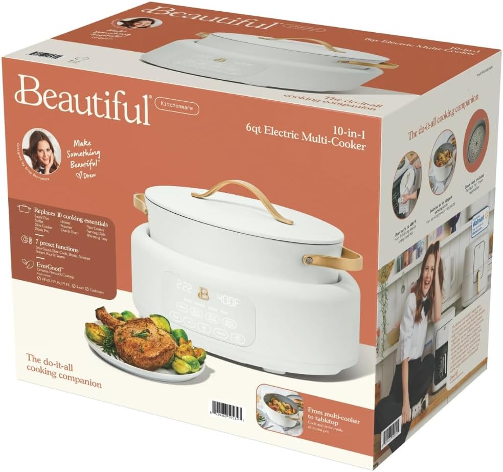 Beautiful 10-in-1 Electric Multi-Cooker by Drew Barrymore, 6-quart, digital display, 10 cooking functions, non-stick pot, easy one-touch control (White Icing)