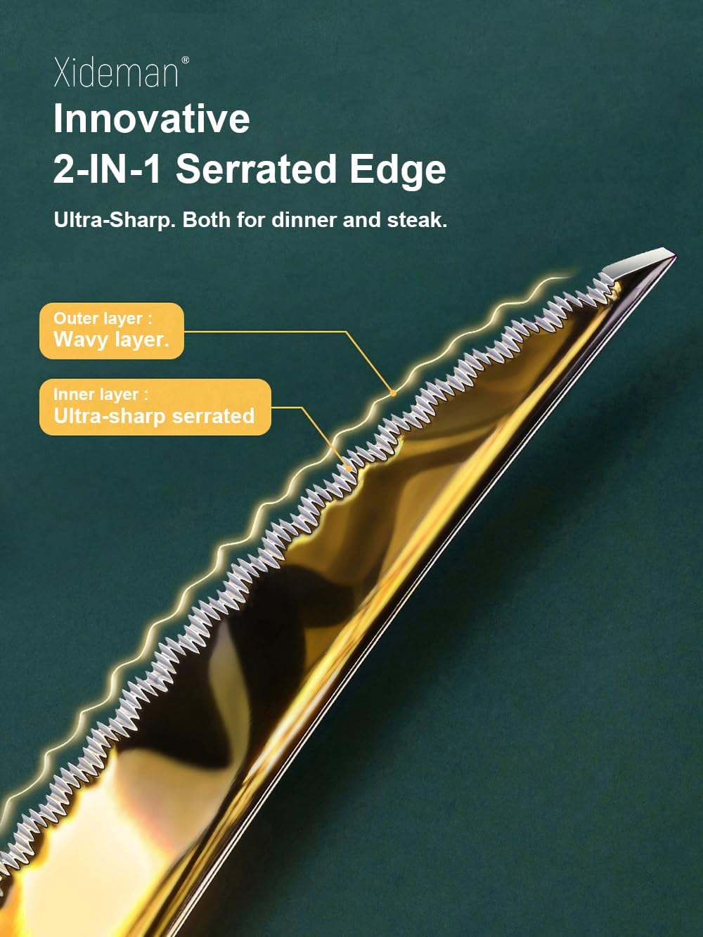 16-Piece Luxury Gold Hammered Silverware Set with Ultra Sharp 2-IN-1 Serrated Knife, 18/10 Stainless Steel Flatware Set, Tableware Cutlery Set for 4, Forks Spoons Knives Set