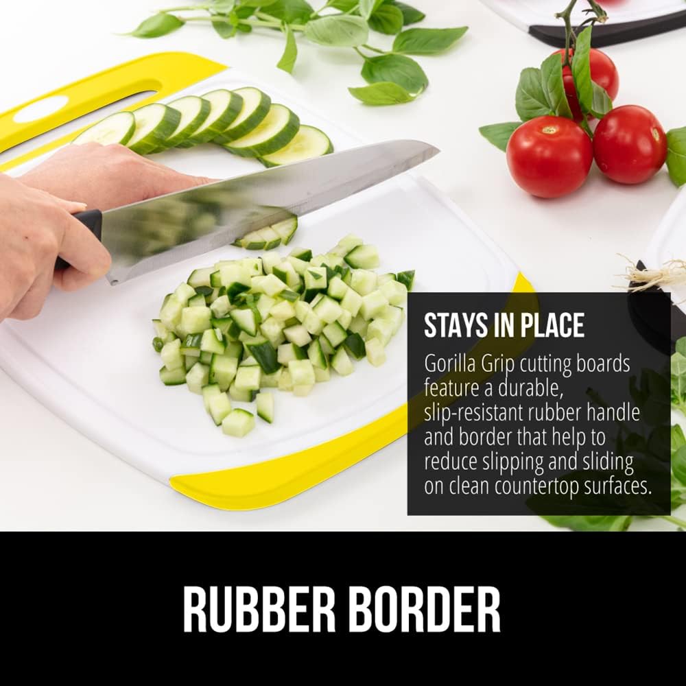 GORILLA GRIP BPA-Free Reversible Kitchen Cutting Board Set of 3, US Designed, Nonporous, Juice Grooves Catch Liquid, Slip Resistant Border, Dishwasher Safe, Durable Large Food Chopping Boards, Yellow