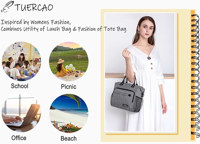 TuErCao Insulated Lunch Bag Soft Cooler Bag for Beach Travel Picnic, Adult Lunch Box for Women for Work, Dark Grey