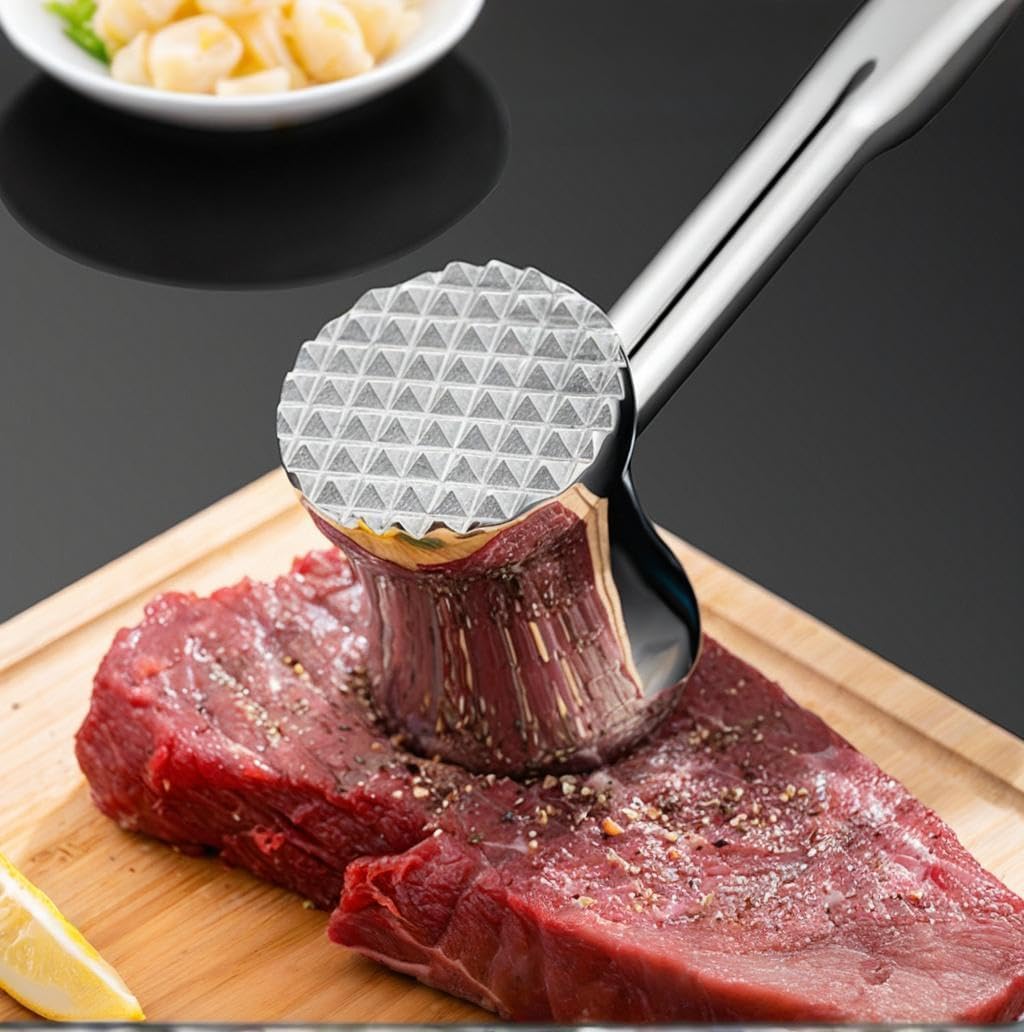 304 Stainless Steel Meat Tenderizer Mallet - Dual-Sided Meat Pounder Hammer for Tenderizing and Flattening Meat - Kitchen Essentials Meat Beater Tool with Comfort Grip Handle