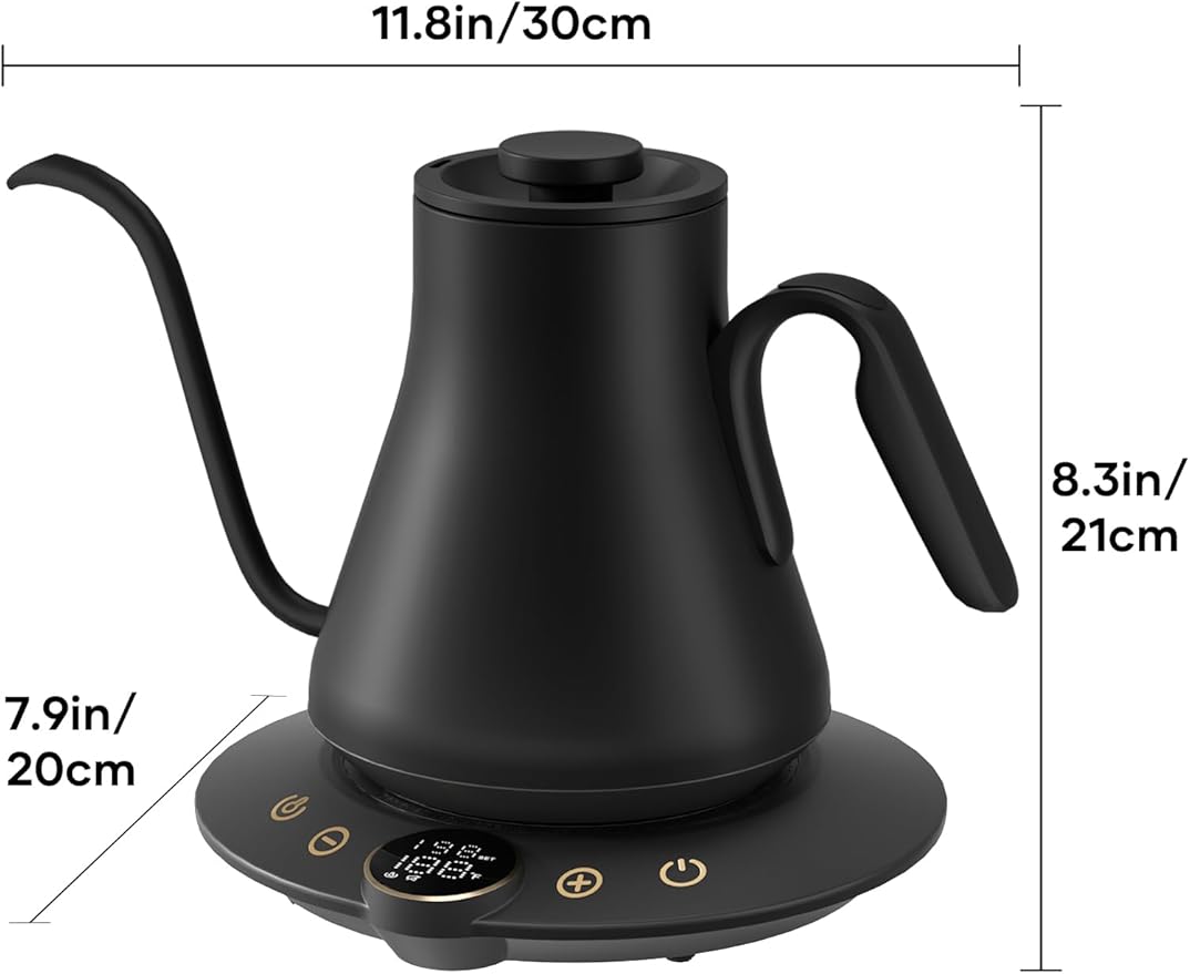 Gooseneck Electric Kettle with ±1℉ Temperature Control for Pour Over Coffee & Tea, Quick Heating, BPA-Free Stainless Steel, Built-in Brew Timer, 1500W/0.9L (Ebony Black)