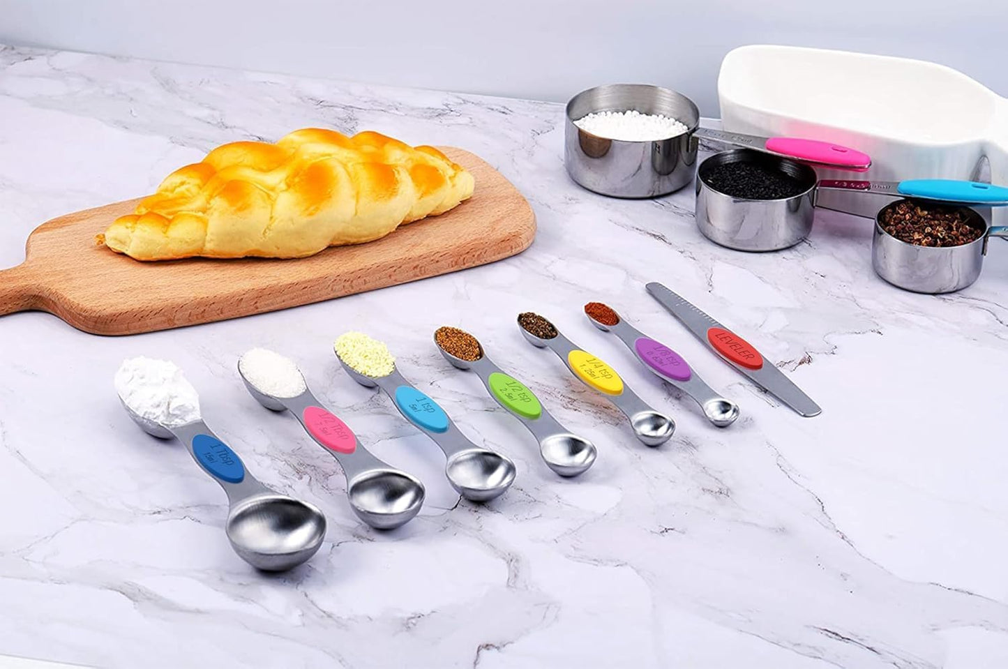 TILUCK measuring cups and magnetic measuring spoons set, stainless steel measuring cups, 6 double-sided stainless steel measuring spoons & 1 leveler (14)