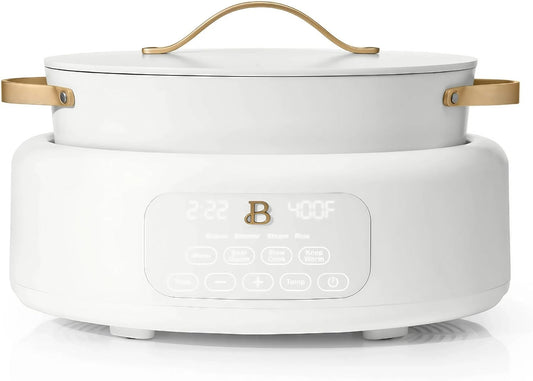 Beautiful 10-in-1 6-Quart Electric Multi-Cooker with Ceramic Coated Pot, Oven Safe to 400°F, Easy Cleanup & Multi-Function Cooking, by Drew Barrymore (White Icing)