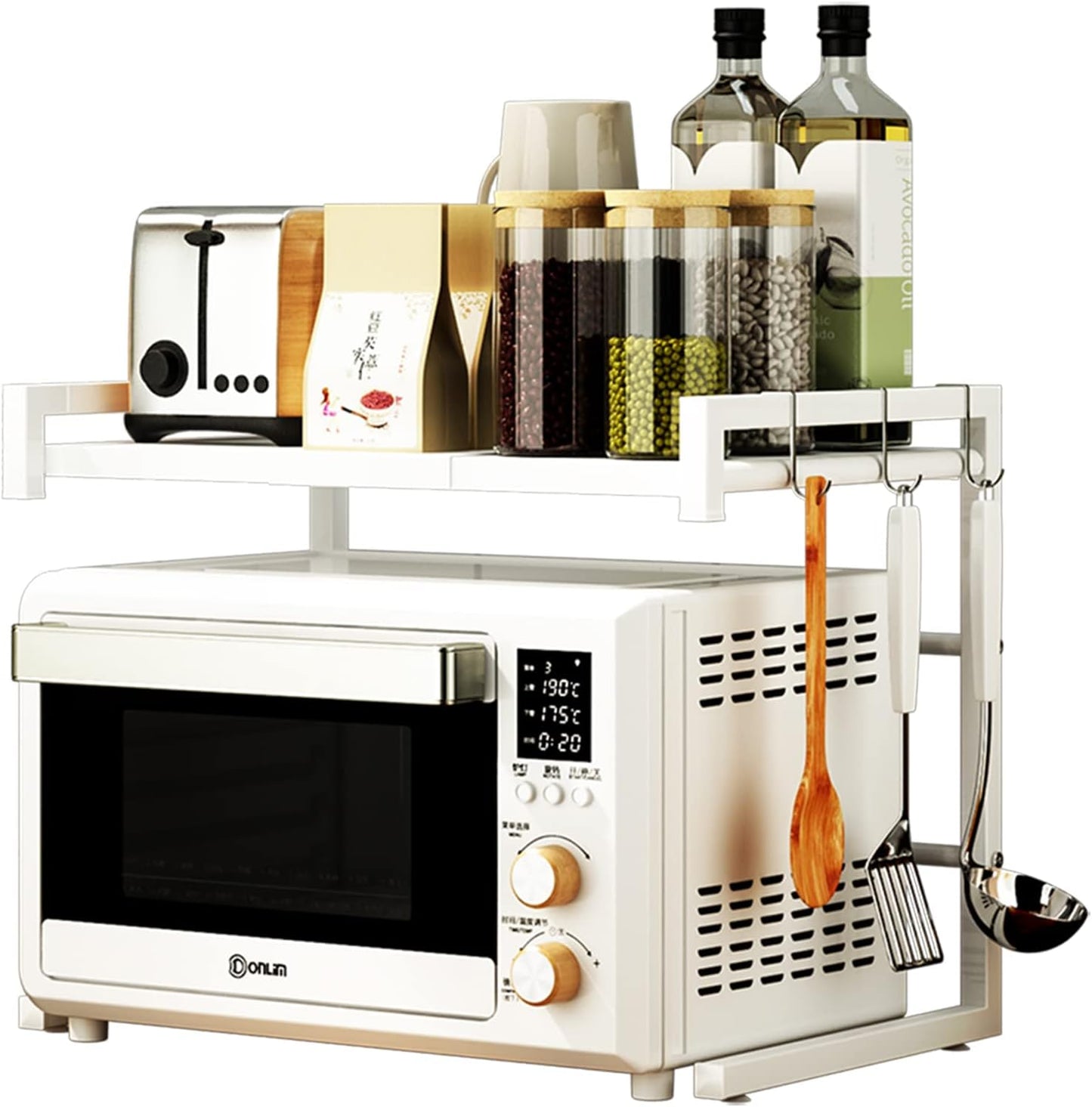 PUSDON Adjustable Carbon Steel Microwave Oven Rack, 2-Tier with 3 Hooks, 55lbs Weight Capacity, White