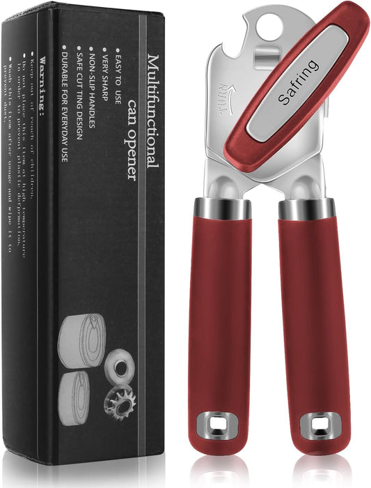 Can Opener Manual, Heavy Duty Handheld Strong Can Opener with Soft Touch Handle, Sharp Blade Smooth Edge, Can Openers with Multifunctional Bottle Opener, Red