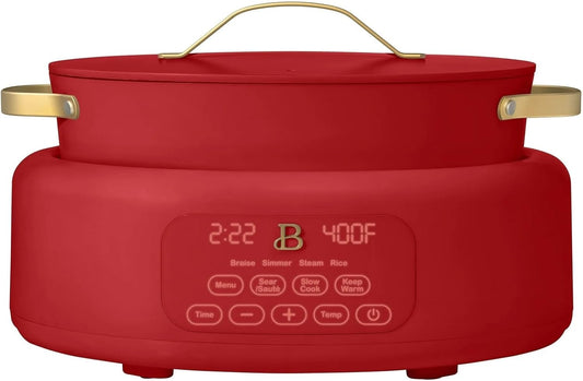 Beautiful 10-in-1 Electric Multi-Cooker by Drew Barrymore, 6-quart, digital display, 10 cooking functions, non-stick pot, easy one-touch control (Tomato Red)