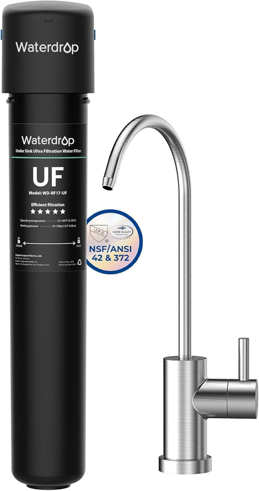 Waterdrop 17UB-UF 0.01 μm Ultra Filtration Under Sink Water Filter System for Baçtёria Reduction, Reduces Lead, Chlorine, Bad Taste & Odor, 24K Gallons, with Dedicated Brushed Nickel Faucet, USA Tech
