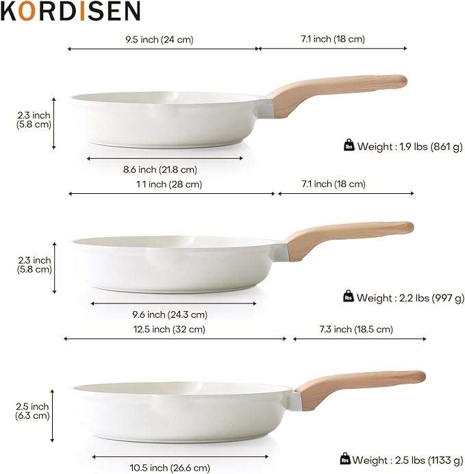 Kordisen Nonstick Ceramic Frying Pan Set, 3 Piece Ceramic Skillet Set, Healthy Non Toxic Cooking Pan, Stay-Cool Handle, Induction Compatible, PFOA & PFAS Free, White(9.5, 11, 12.5 Inch)