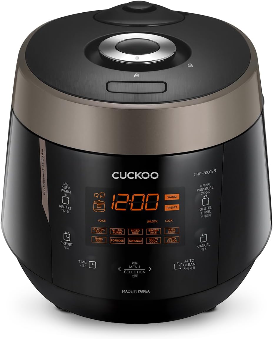 CUCKOO High Pressure Rice Cooker 6-Cup Uncooked / 12-Cup Cooked with Nonstick Inner Pot, Versatile Rice Maker with 12 Menu Options and Steam Plate, Fuzzy Logic Tech, Voice Guide, Black (CRP-P0609S)
