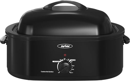 Sunvivi 22lb 18-Quart Roaster Oven, Electric Roaster Oven with Self-Basting Lid, Turkey Roaster with Unique Defrost/Warm Function, Large Roaster with Removable Pan & Rack, Stainless Steel, Black