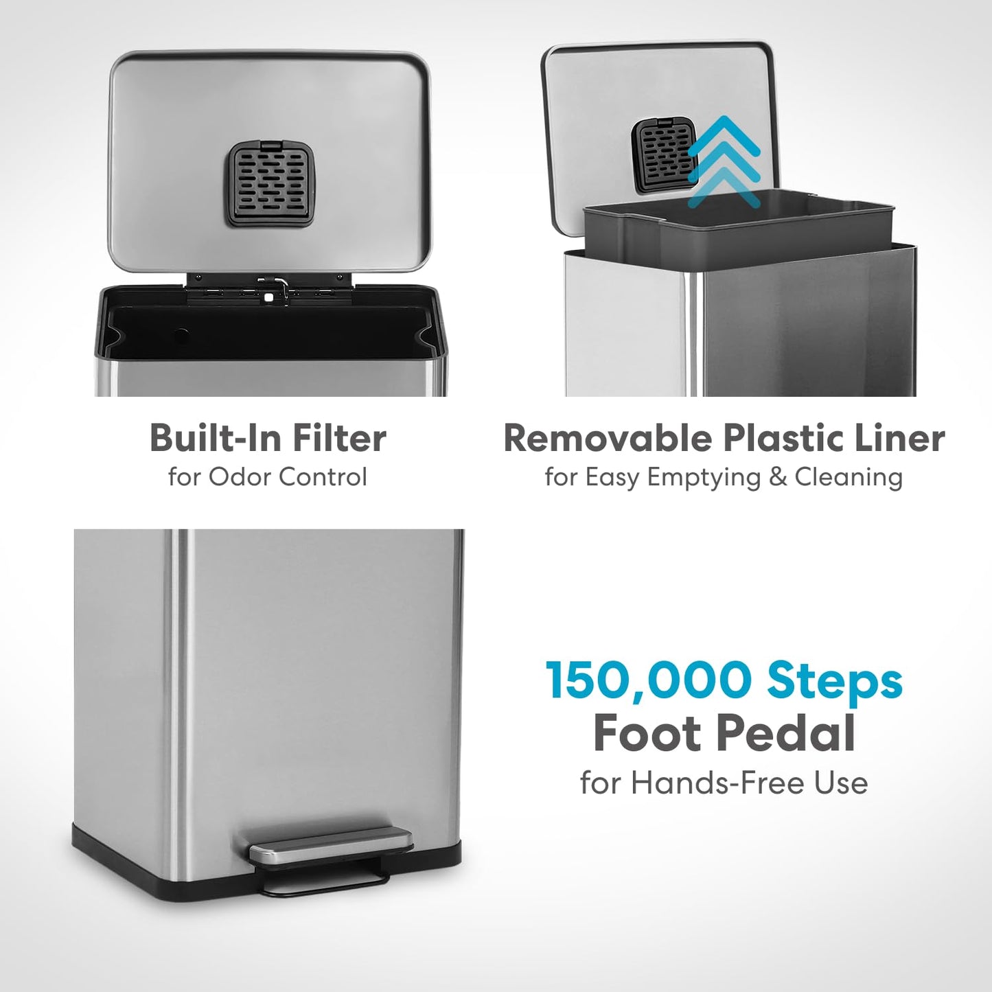 SIMPLI-MAGIC 50 Liter / 13.2 Gallon Soft-Close, Smudge Resistant Trash Can with Foot Pedal and Built in Filter- Stainless Steel, Sleek Finish