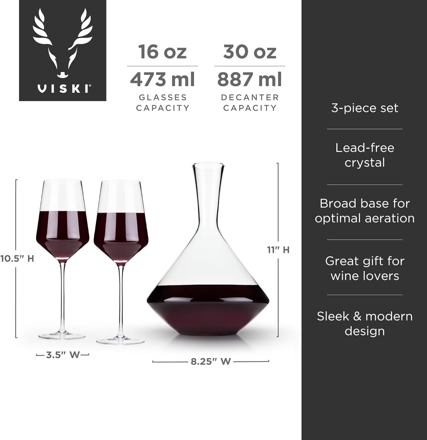 Viski Raye Angled Bordeaux Wine Glasses and Decanter Gift Set, Elegant and Modern Crystal Glassware, Home Bar, Dinner Party, Wedding Gifts, Hosting Essentials, 16 oz & 30 oz, Set of 3