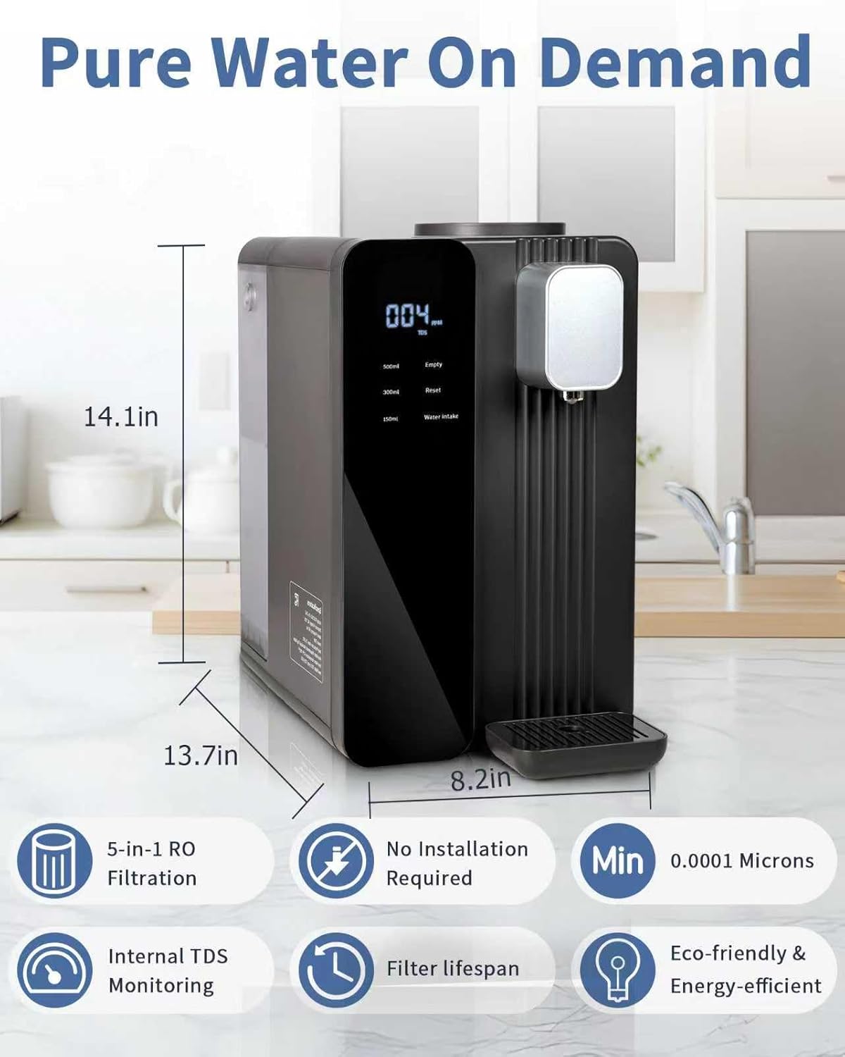 Countertop Reverse Osmosis System Water Filter - 5 Stage RO Water Filtration System, No Installation Portable Home Water Purifier, TDS & Filter Monitor, 3:1 Pure to Drain, Black