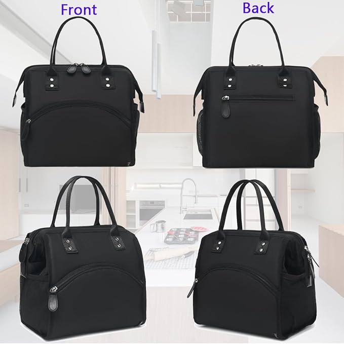 FlowFly Insulated Lunch Bag for Women, Men, Large and Reusable, Handle, Work and Travel Tote and Meal Prep Organizer, Black