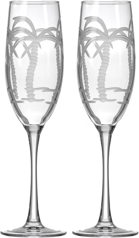 Rolf Glass Palm Tree Champagne Flute | 8oz Toasting Flute Glasses | Lead-Free and Diamond-Wheel Engraved Crystal Glass | Tropical Beach-Inspired Design | Proudly Made in the USA | Set of 2