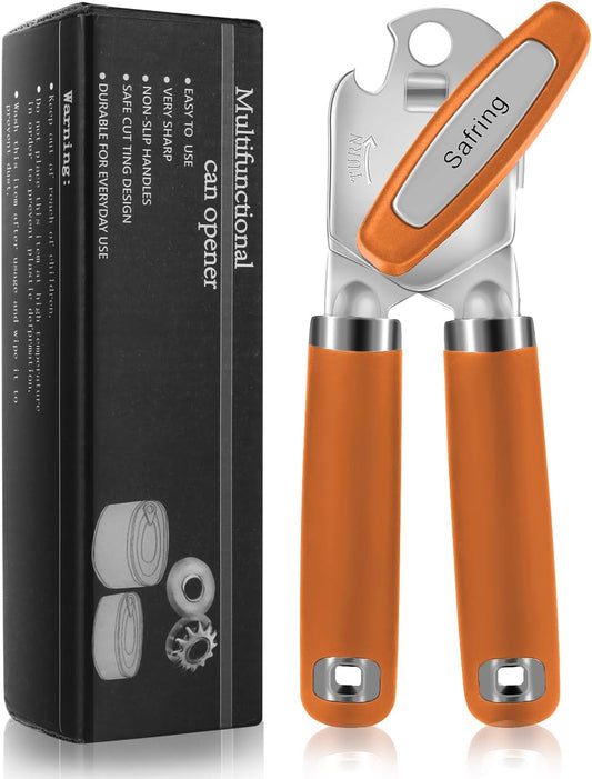 Can Opener Manual, Heavy Duty Handheld Strong Can Opener with Soft Touch Handle, Sharp Blade Smooth Edge, Can Openers with Multifunctional Bottle Opener, Orange