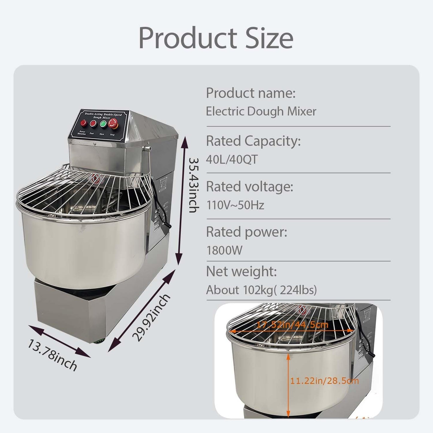40QT Commercial Dough Mixer, 110V 1800W Electric Food Dough Kneading Flour Blender Machine, Stainless Steel Stand Mixing, W/Dual Action and Dual Speed, for Bakeries Pizzerias Bread Maker