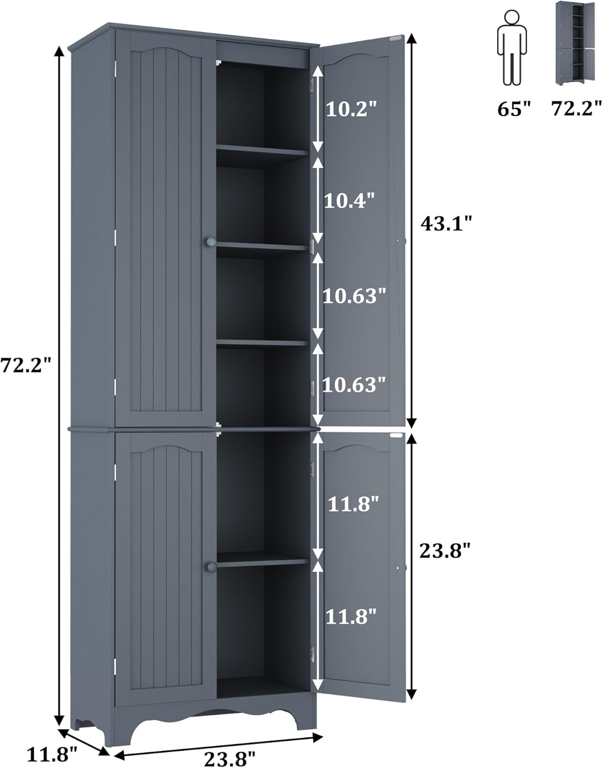 Function Home Tall Pantry Cabinet, Freestanding Storage Cabinet, Wooden Kitchen Pantry with 4 Doors and 5 Shelves, 72" Floor Cabinet Organizer for Kitchen Living Room Bathroom, Grey