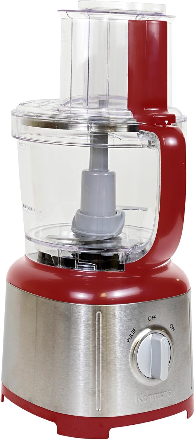 Kenmore 11 Cup Food Processor - Vegetable & Fruit Salad Cutter, Multifunctional, 500 W, Chopper, Clicer, Mincer, Puree, Grater, Blades, Shredder, Compact Stainless Steel Kitchen Appliances, Red