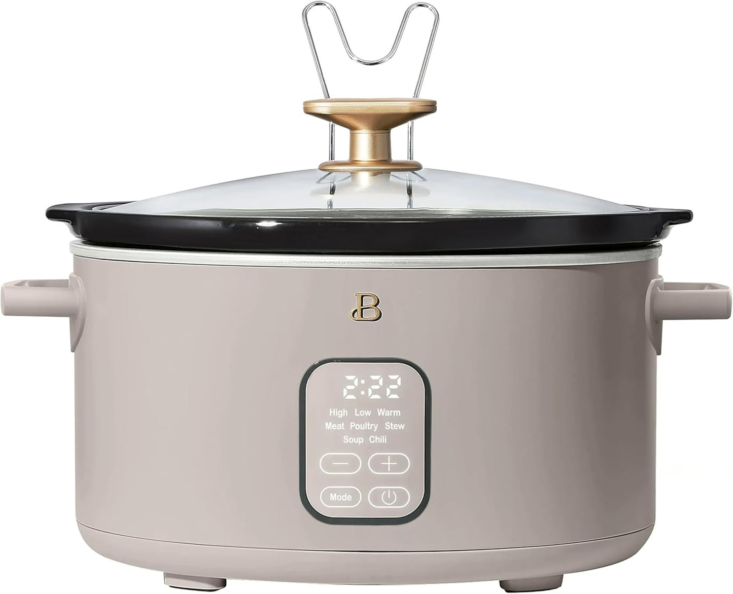 Beautiful 6 Qt Programmable Slow Cooker by Drew Barrymore - 5 Preset Cooking Functions, Digital Countdown Timer, Dishwasher-Safe Parts, and Cool-Touch Handles (Porcini Taupe.)