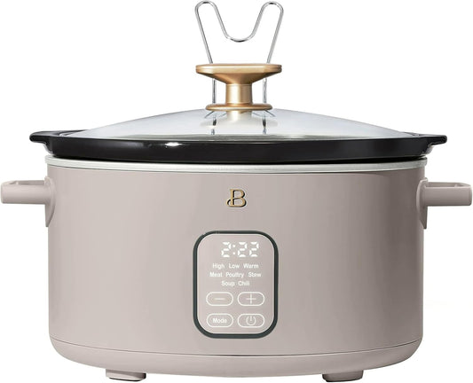 Beautiful 6 Qt Programmable Slow Cooker by Drew Barrymore - 5 Preset Cooking Functions, Digital Countdown Timer, Dishwasher-Safe Parts, and Cool-Touch Handles (Porcini Taupe.)