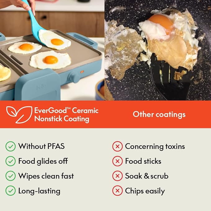 bella 10"x 20" Ceramic Fold-n-Store Dual Temp Griddle, Fits-anywhere™ Kitchenware, EverGood™ Ceramic Nonstick Coating, 2 Temperature Zones up to 400°F, Dishwasher Safe Drip Tray, 1500 Watt, Surf