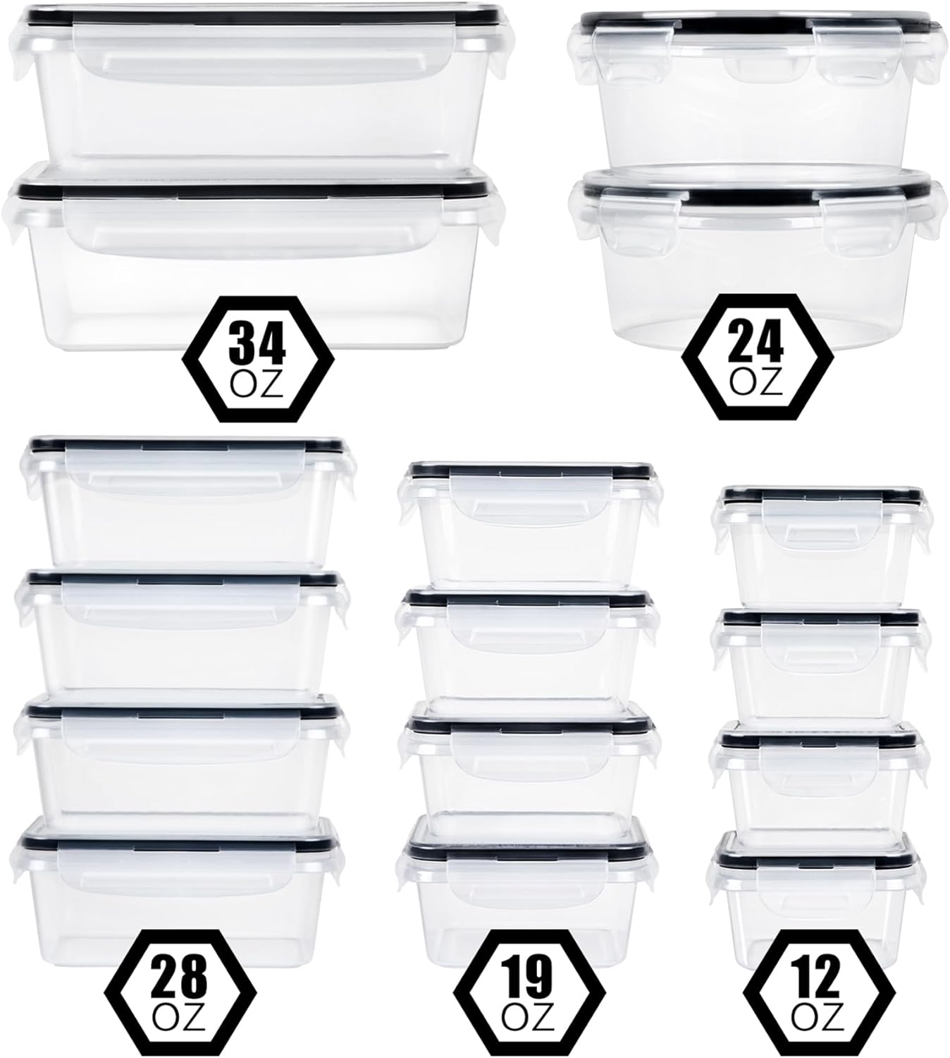 32 Piece Food Storage Container with Lids (16 Containers + 16 Lids) - Plastic Food Containers with Lid, Airtight Leak Proof Snap Lock, BPA Free Storage Containers
