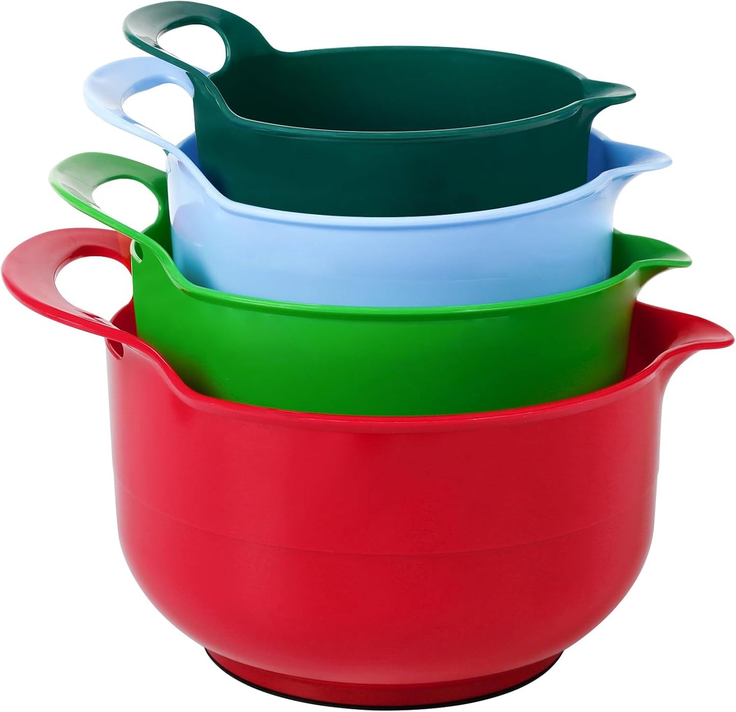 BoxedHome 4 Pack Nesting Mixing Bowl Christmas Set with Pour Spout and Handle, BPA free Microwave & Dishwasher Safe(Christmas colours, 4 Pack with Handle, Random colour silicone scraper included)