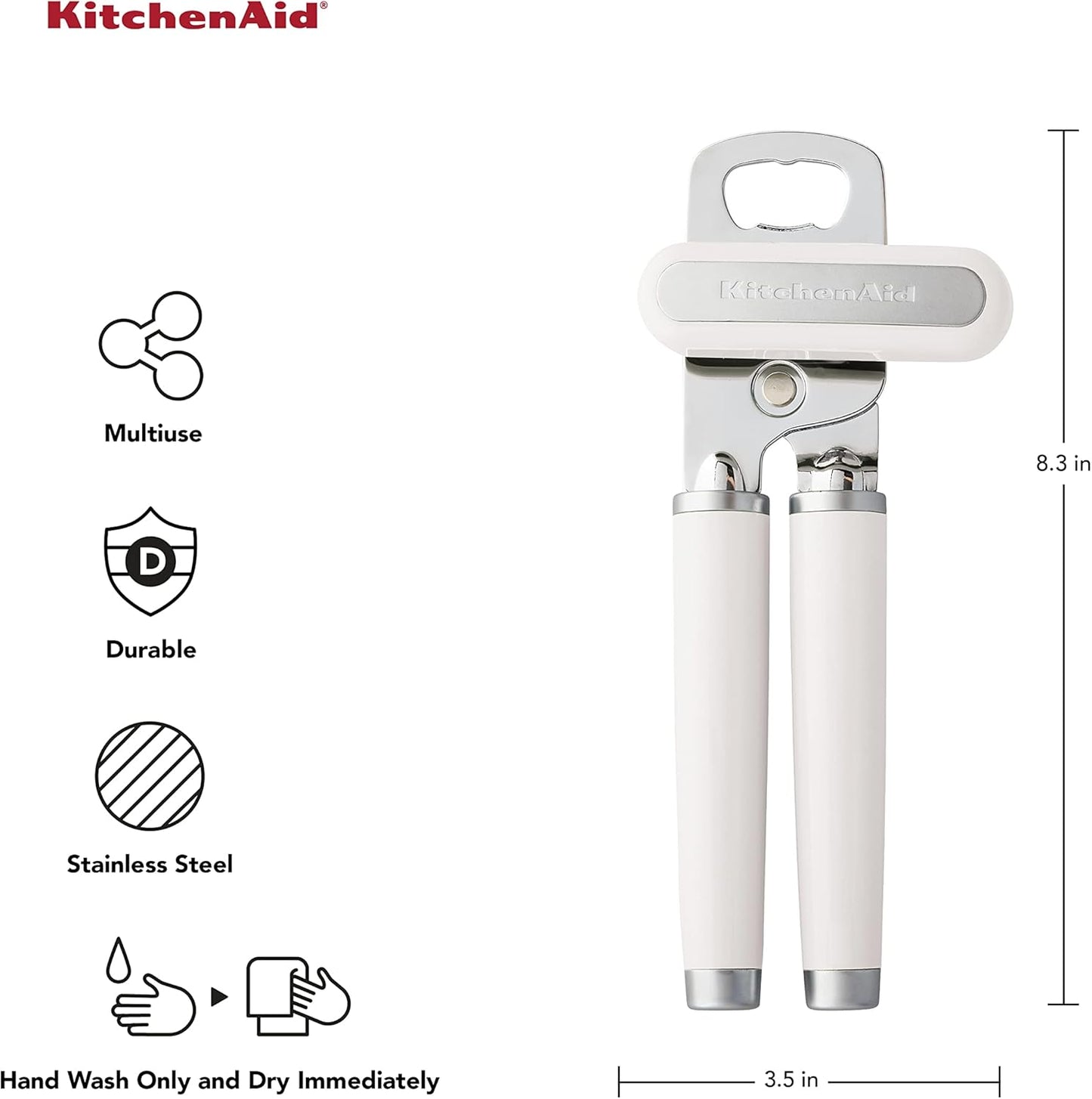 KitchenAid Classic Multifunction Can Opener and Bottle Opener Easy to Use, Razor Sharp Stainless Steel Cutting Wheel, Soft Ergonomic Handles, White