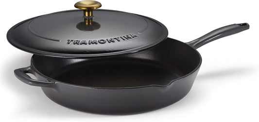 Tramontina Bestow Enameled Cast Iron Skillet with Lid, 12-inch Frying Pan, Smoke with Gold Knob