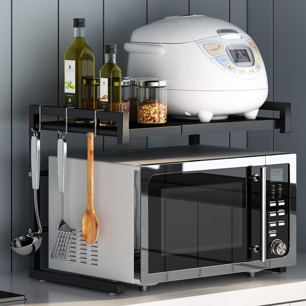 PUSDON Adjustable Carbon Steel Microwave Oven Rack, 2-Tier with 3 Hooks, 55lbs Weight Capacity, Black