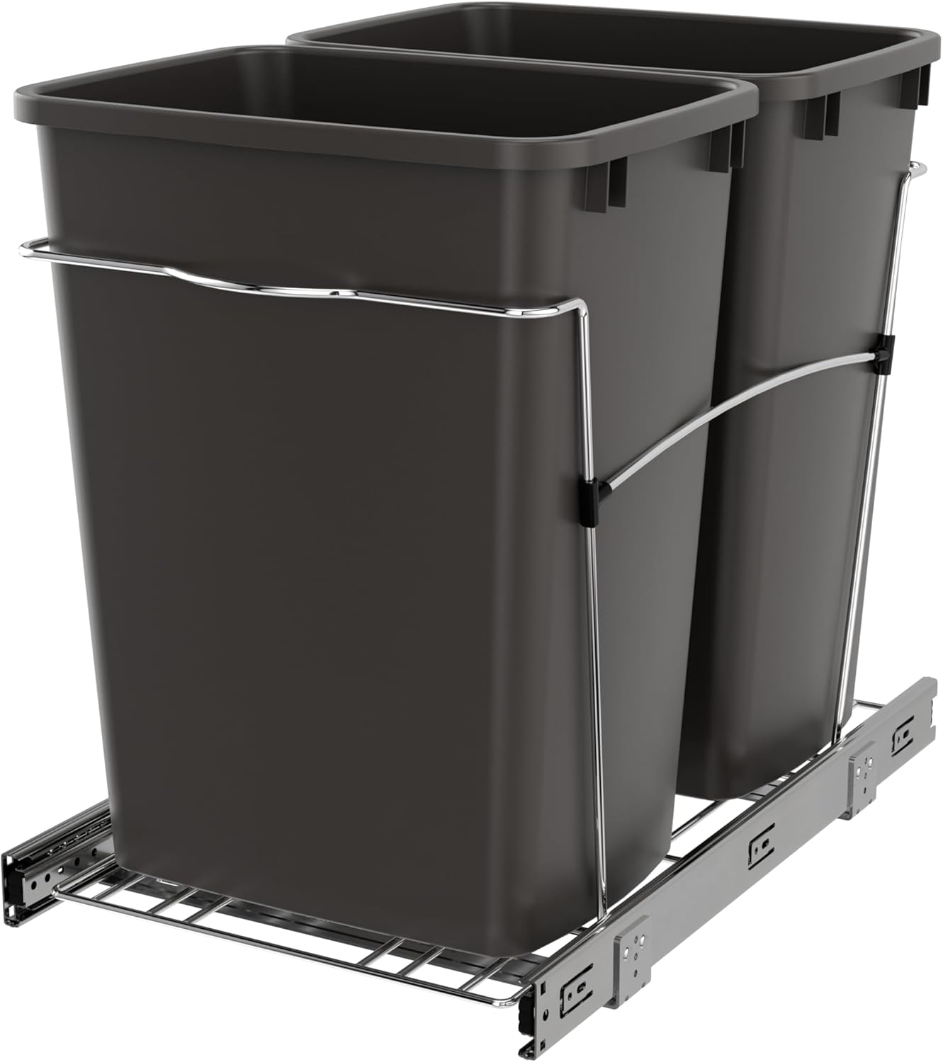 Rev-A-Shelf RV-18KD-13C-S Double Pullout Trash Can for Kitchen Cabinets 35 Quart Garbage Recycling Bin on Full Extension Slides, Gray