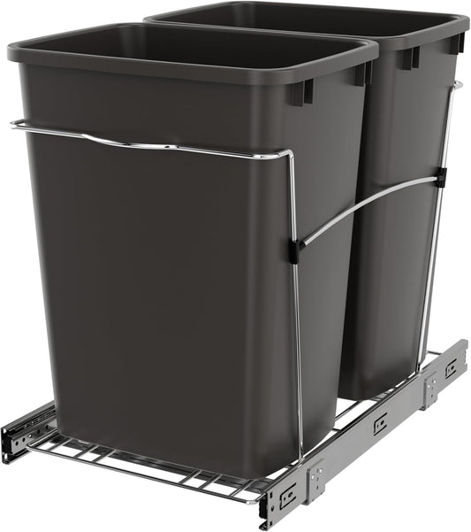 Rev-A-Shelf RV-18KD-13C-S Double Pullout Trash Can for Kitchen Cabinets 35 Quart Garbage Recycling Bin on Full Extension Slides, Gray