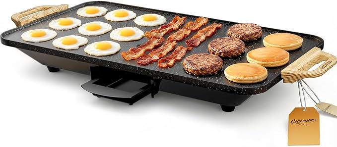 CookSimple Everyday 20"x12" Electric Griddle–1700W Nonstick ILAG Granite Surface, Large Flat Design, Perfect for Family Meals, Pancakes&Eggs, Fast Even Heating, Easy to Clean, Granite Black