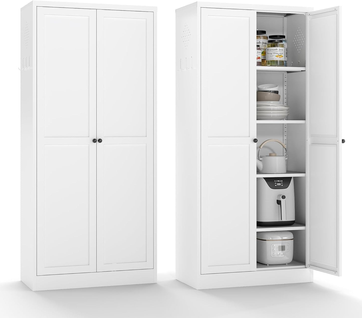 AQY Kitchen Pantry Cabinet,61" White Pantry Storage Cabinet with 4 Tier Adjustable Shelves and 2 Doors,Freestanding Cupboard,Metal Pantry Cabinets with Handle for Living Room Kitchen Assembly Required