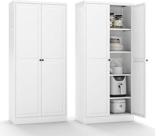 AQY Kitchen Pantry Cabinet,61" White Pantry Storage Cabinet with 4 Tier Adjustable Shelves and 2 Doors,Freestanding Cupboard,Metal Pantry Cabinets with Handle for Living Room Kitchen Assembly Required