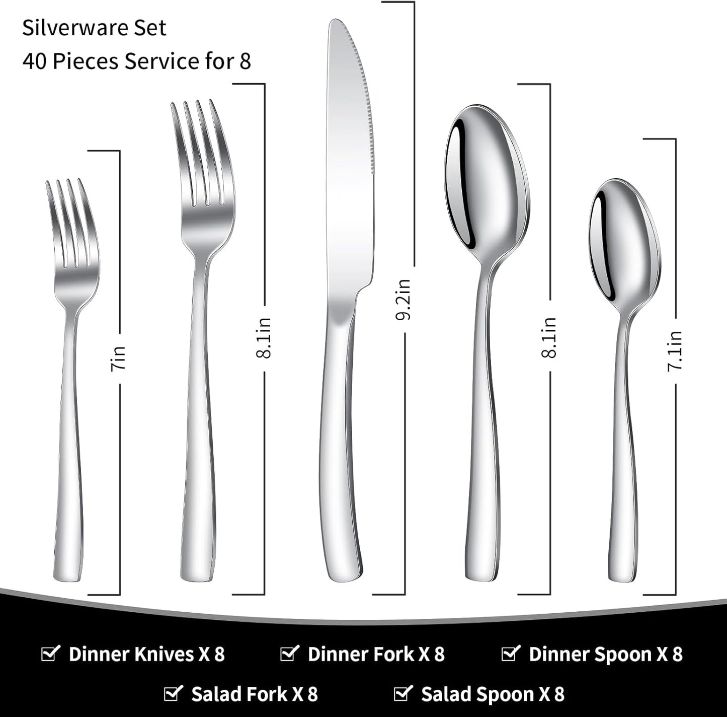40-Piece Silverware Set, Heavy Duty Stainless Steel Flatware Set Service for 8, Modern Design Cutlery Utensil Sets, Dinner Fork Knife Spoon Eating Tableware Sets for Home, Dishwasher Safe