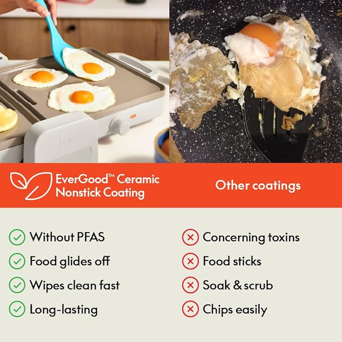 Bella 10"x 20" Ceramic Fold-n-Store Dual Temp Griddle, Fits-anywhere Kitchenware, EverGood Ceramic Nonstick Coating, 2 Temperature Zones up to 400°F, Dishwasher Safe Drip Tray, 1500 Watt, Oatmilk